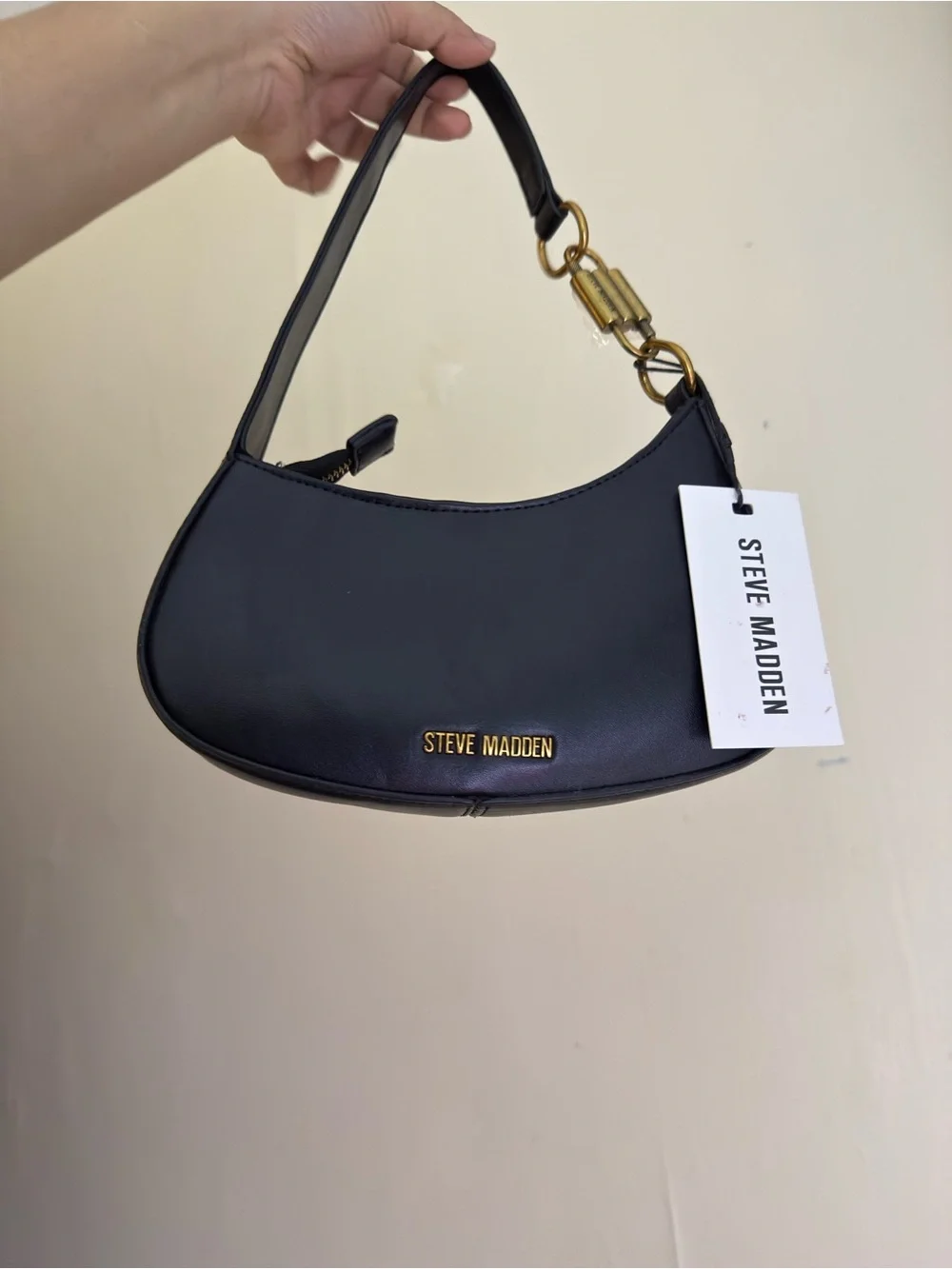 Steve Madden Black Crescent Shoulder Bag with Gold Accents